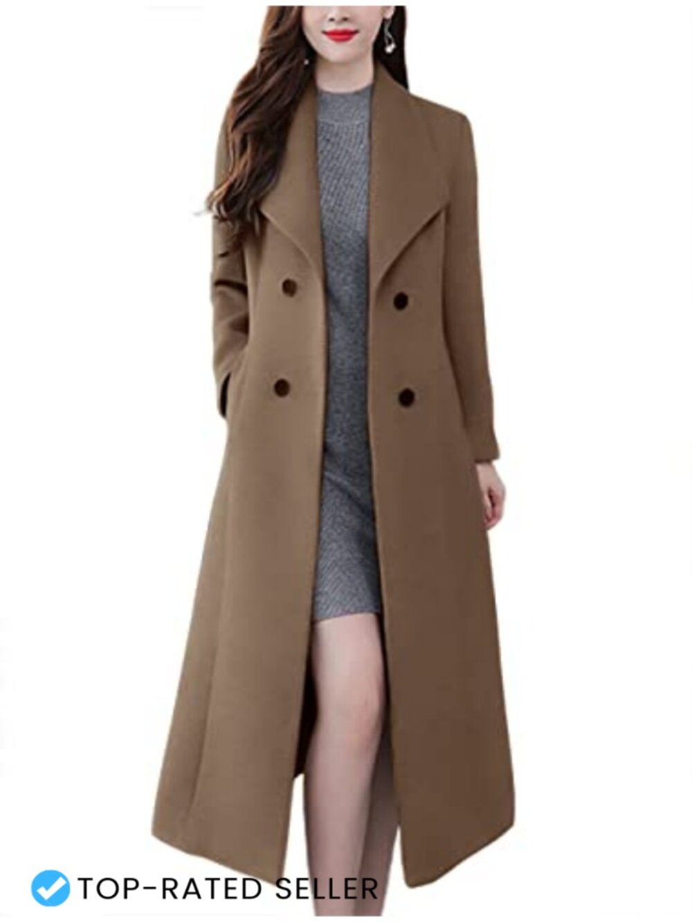 Wool Blend Maxi Pea Coat Shawl Collar Double Breasted Winter Overcoat